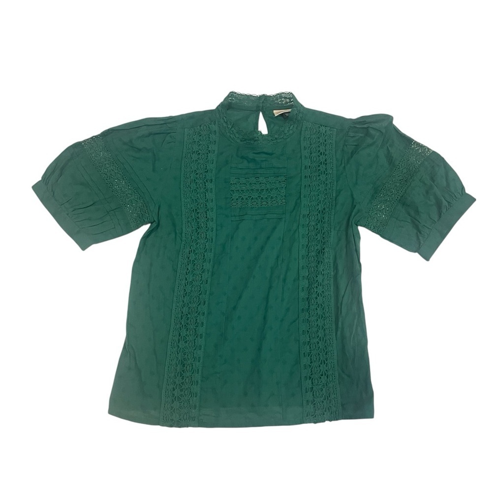 NWOT Teal Green Crochet Trim High Neck Peasant Top Blouse Puff Sleeve New - Picture 11 of 11